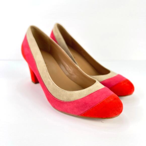 Talbots Orange Pink Beige Suede Stripe Retro Heel Color Block Pump Round Toe 7 - Picture 1 of 10